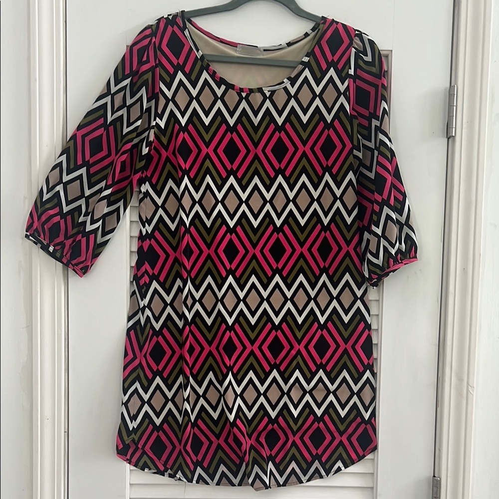Geometric Patterned Women's Top - Pink, Black, Cream